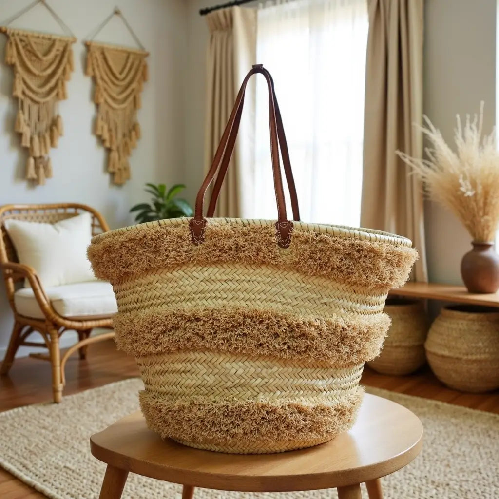 Striped Straw Beach Tote – Handwoven Raffia Basket with Leather Handles image 8