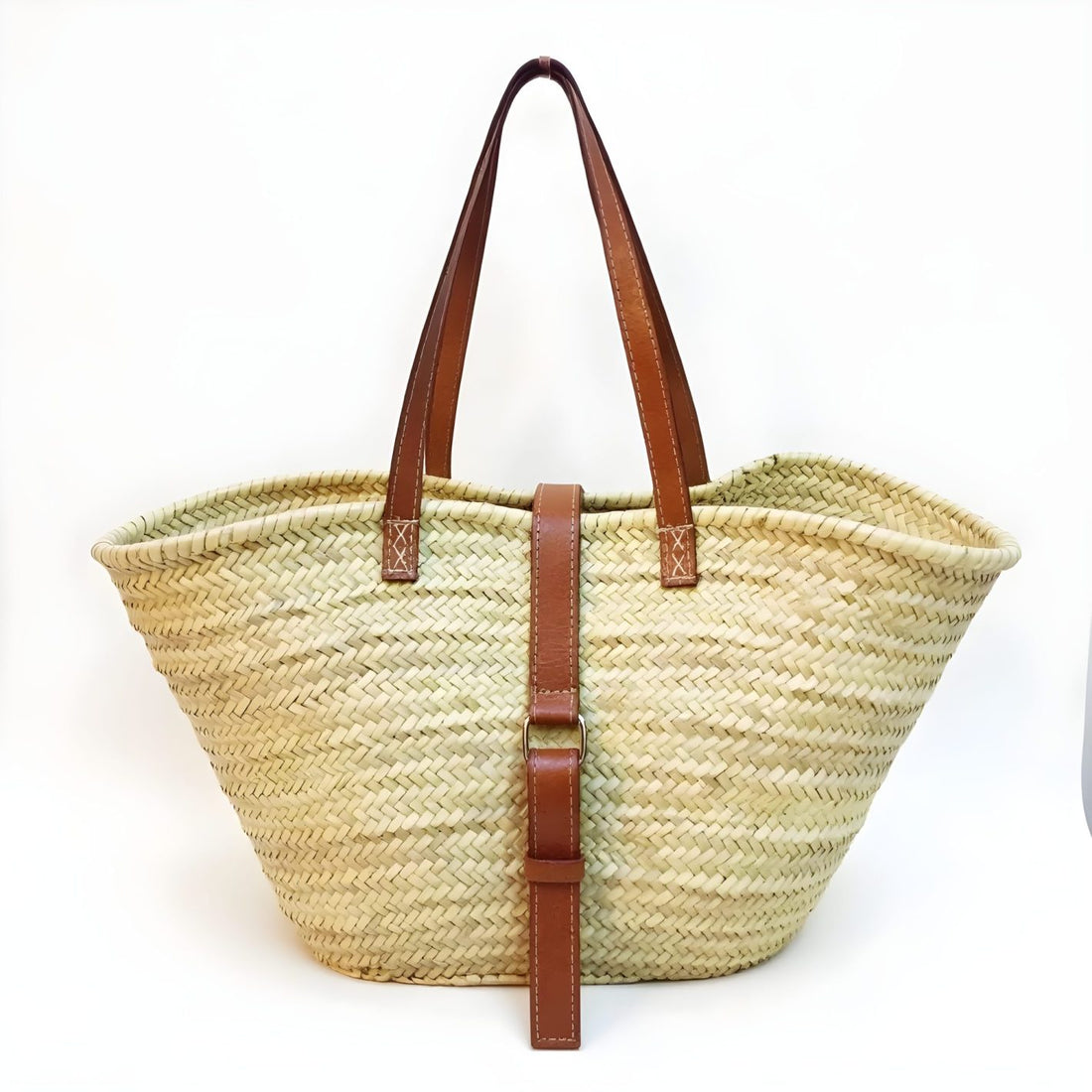 Natural Straw Shoulder Bag with Leather Straps – Handwoven Beach Tote image