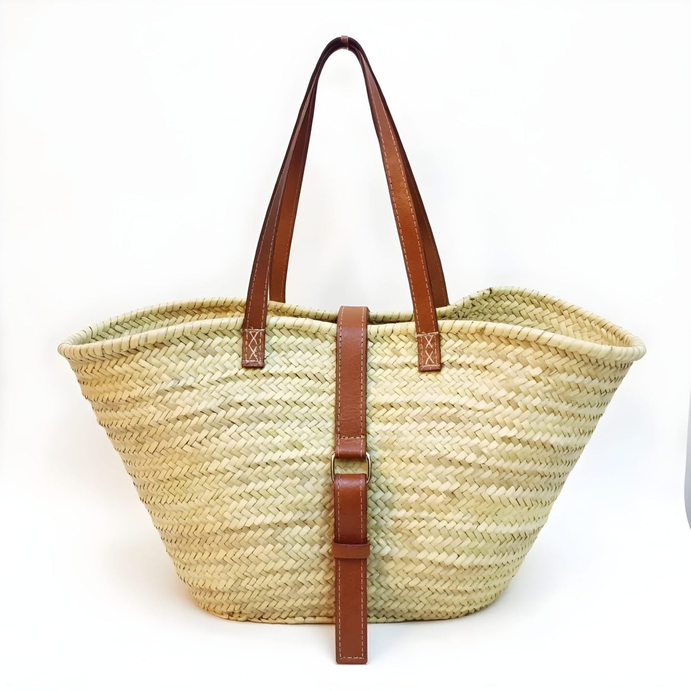 Natural Straw Shoulder Bag with Leather Straps – Handwoven Beach Tote image
