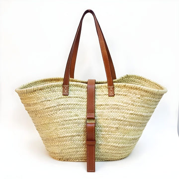 Natural Straw Shoulder Bag with Leather Straps – Handwoven Beach Tote image