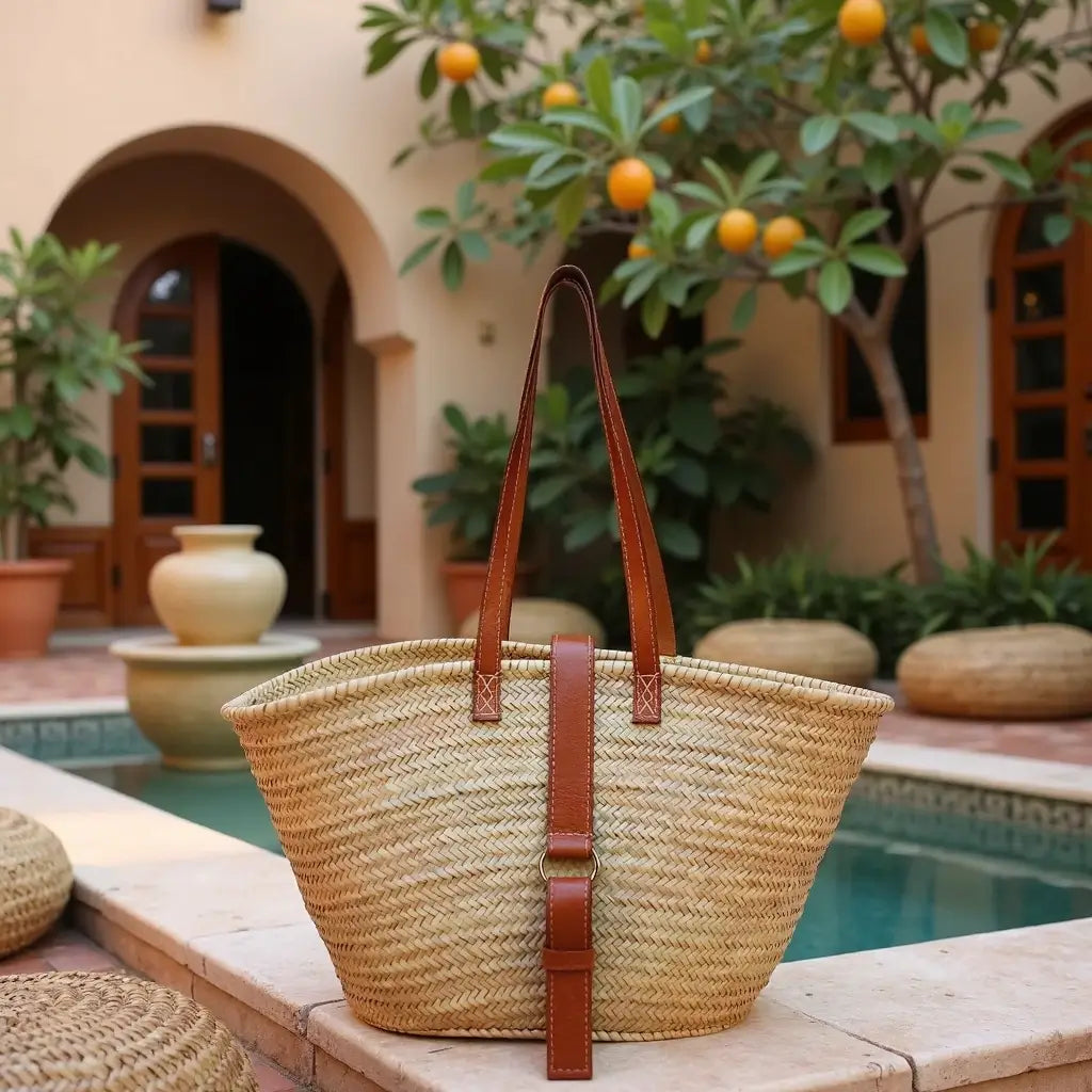 Natural Straw Shoulder Bag with Leather Straps – Handwoven Beach Tote image 4