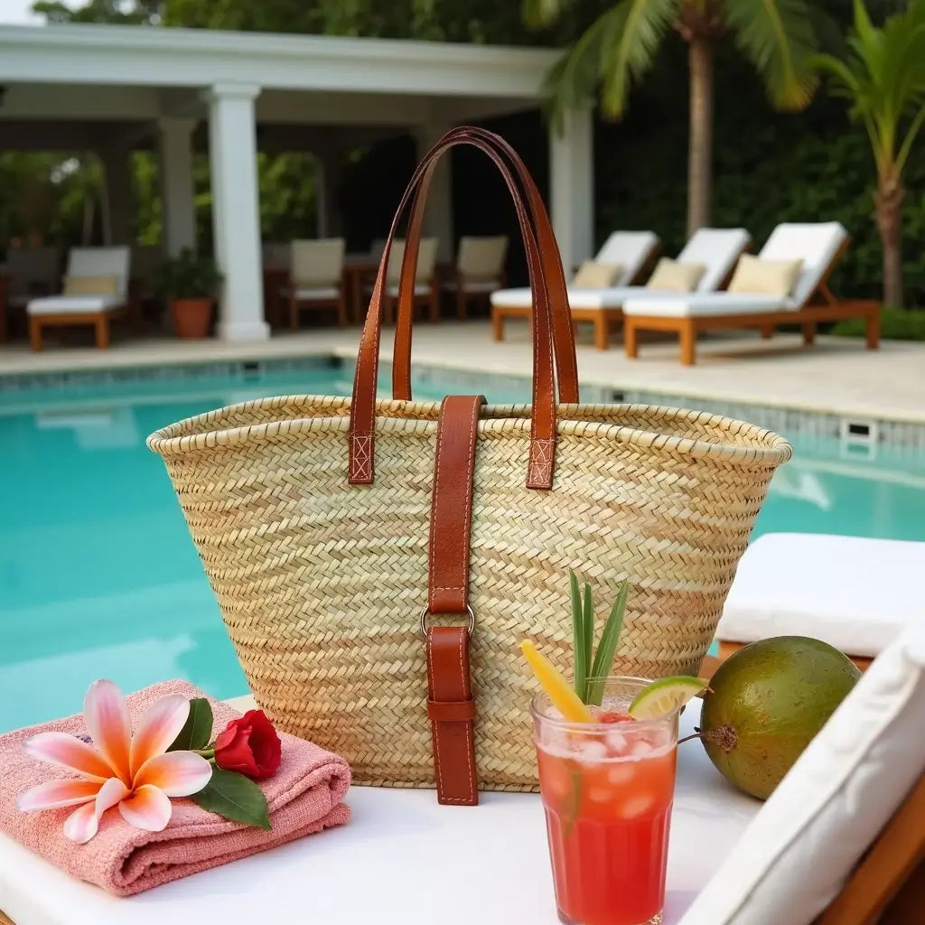 Natural Straw Shoulder Bag with Leather Straps – Handwoven Beach Tote image 5