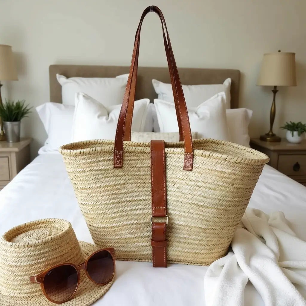 Natural Straw Shoulder Bag with Leather Straps – Handwoven Beach Tote image 3