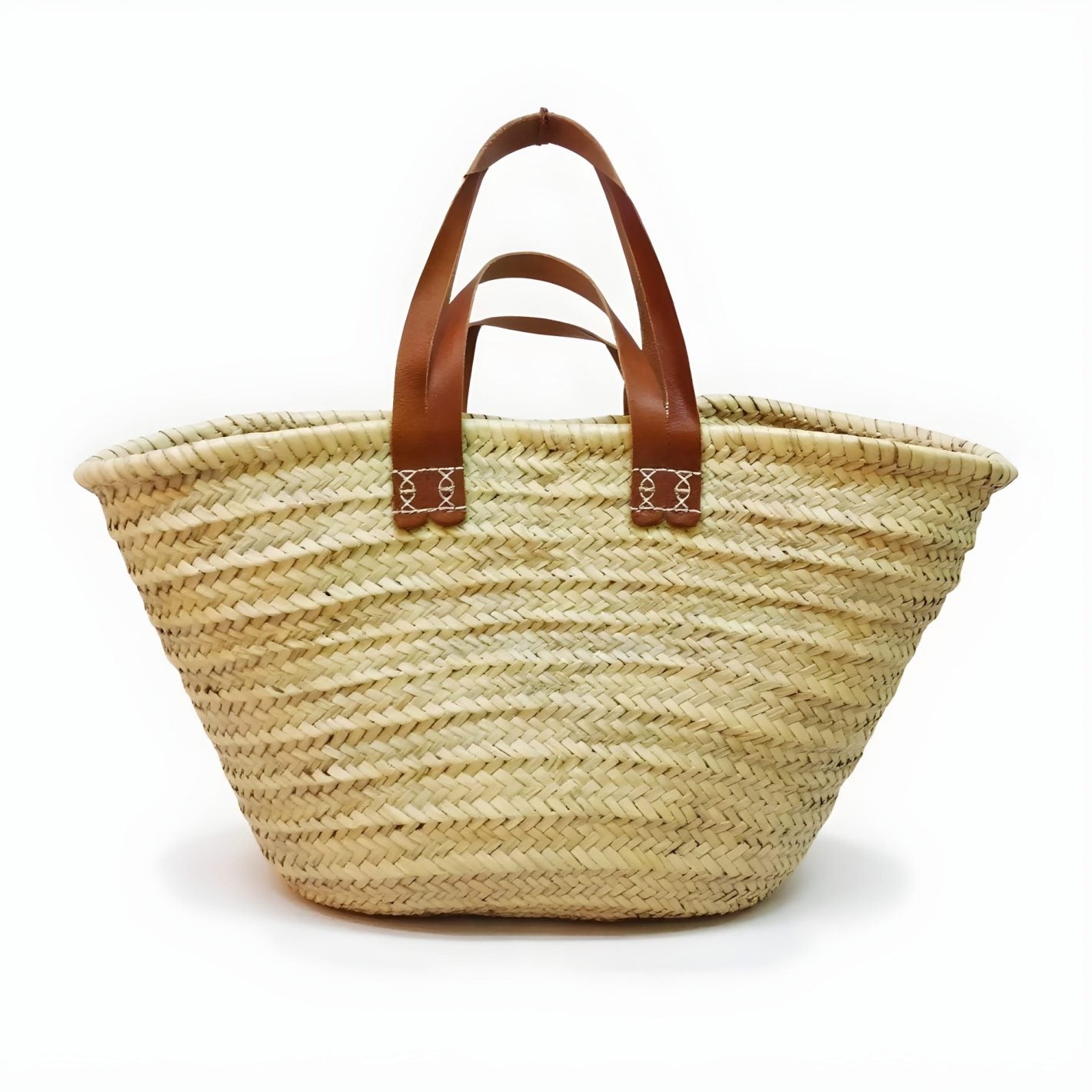 Natural Straw Tote Bag with Dual Leather Handles – Handwoven Beach Basket image