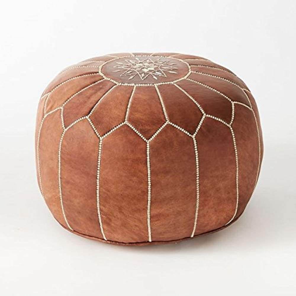 Set of 2 Tan Leather Round Ottomans 21″ – Handcrafted Floor Poufs image 4