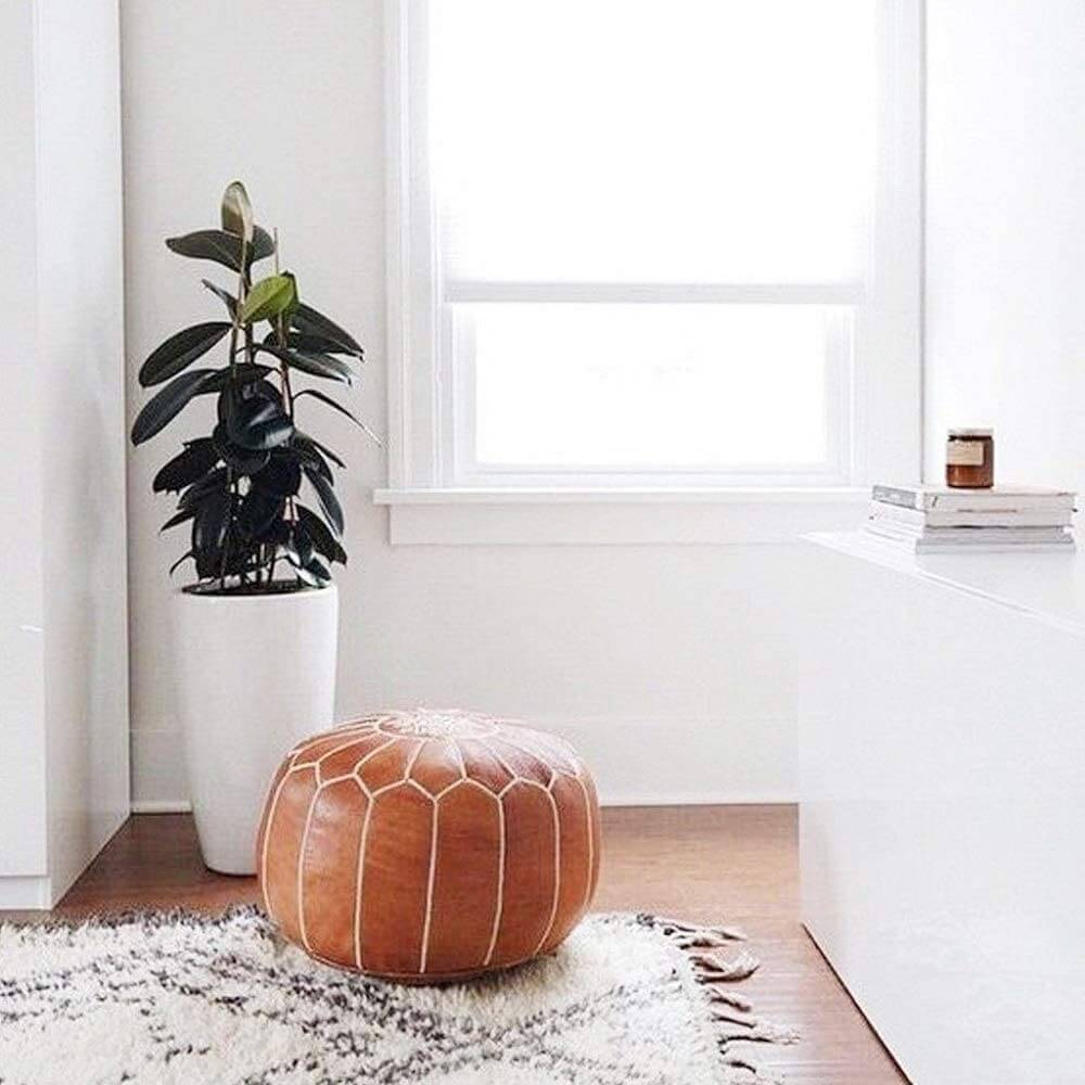 Set of 2 Tan Leather Round Ottomans 21″ – Handcrafted Floor Poufs image 3