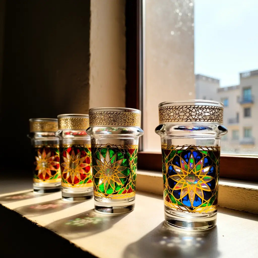 Hand-Painted Oriental Design Tea Glasses Set of 6 with Gold Lids image 2