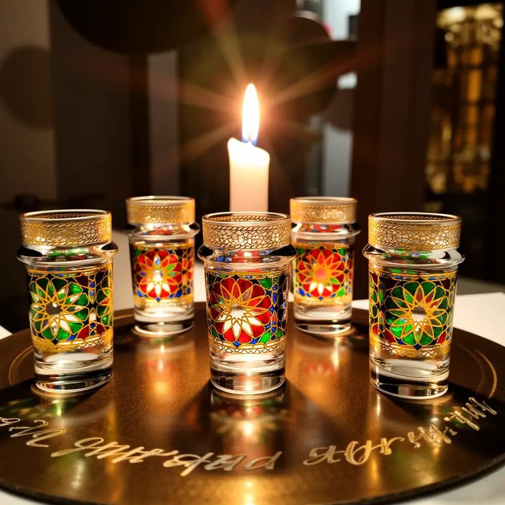 Hand-Painted Oriental Design Tea Glasses Set of 6 with Gold Lids image 4