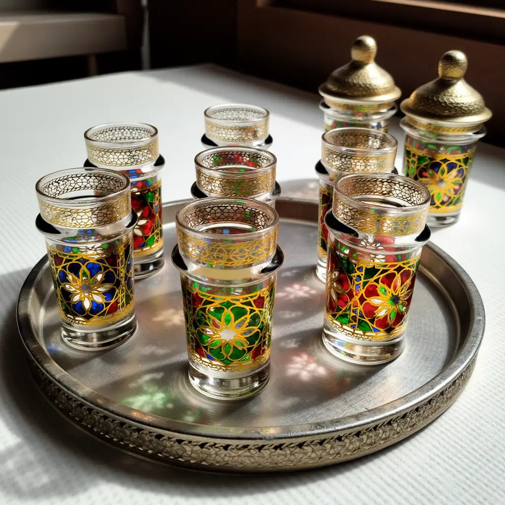 Hand-Painted Oriental Design Tea Glasses Set of 6 with Gold Lids image 5