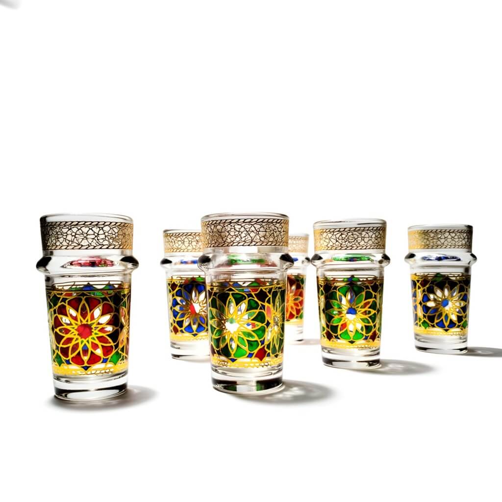 Hand-Painted Oriental Design Tea Glasses Set of 6 with Gold Lids image