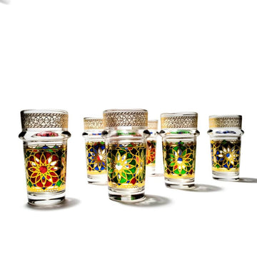 Hand-Painted Oriental Design Tea Glasses Set of 6 with Gold Lids image