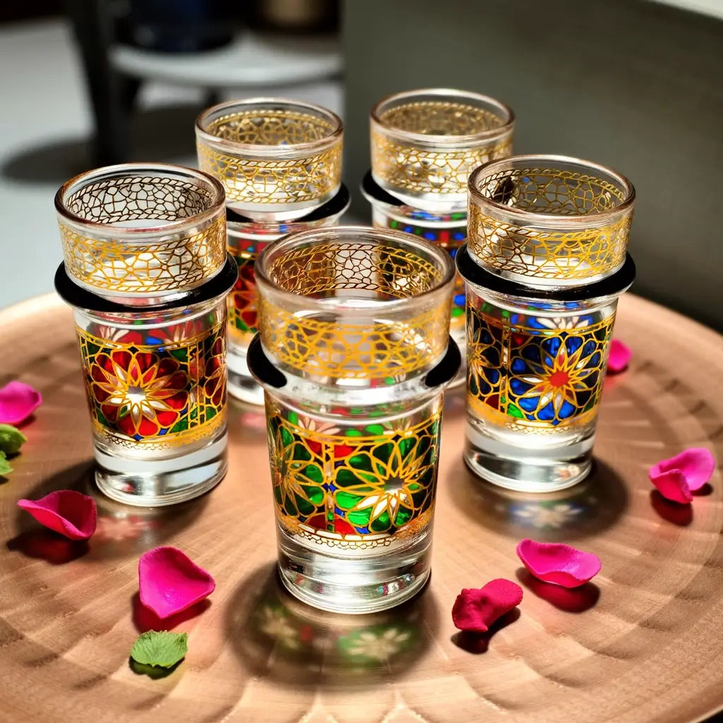 Hand-Painted Oriental Design Tea Glasses Set of 6 with Gold Lids image 7