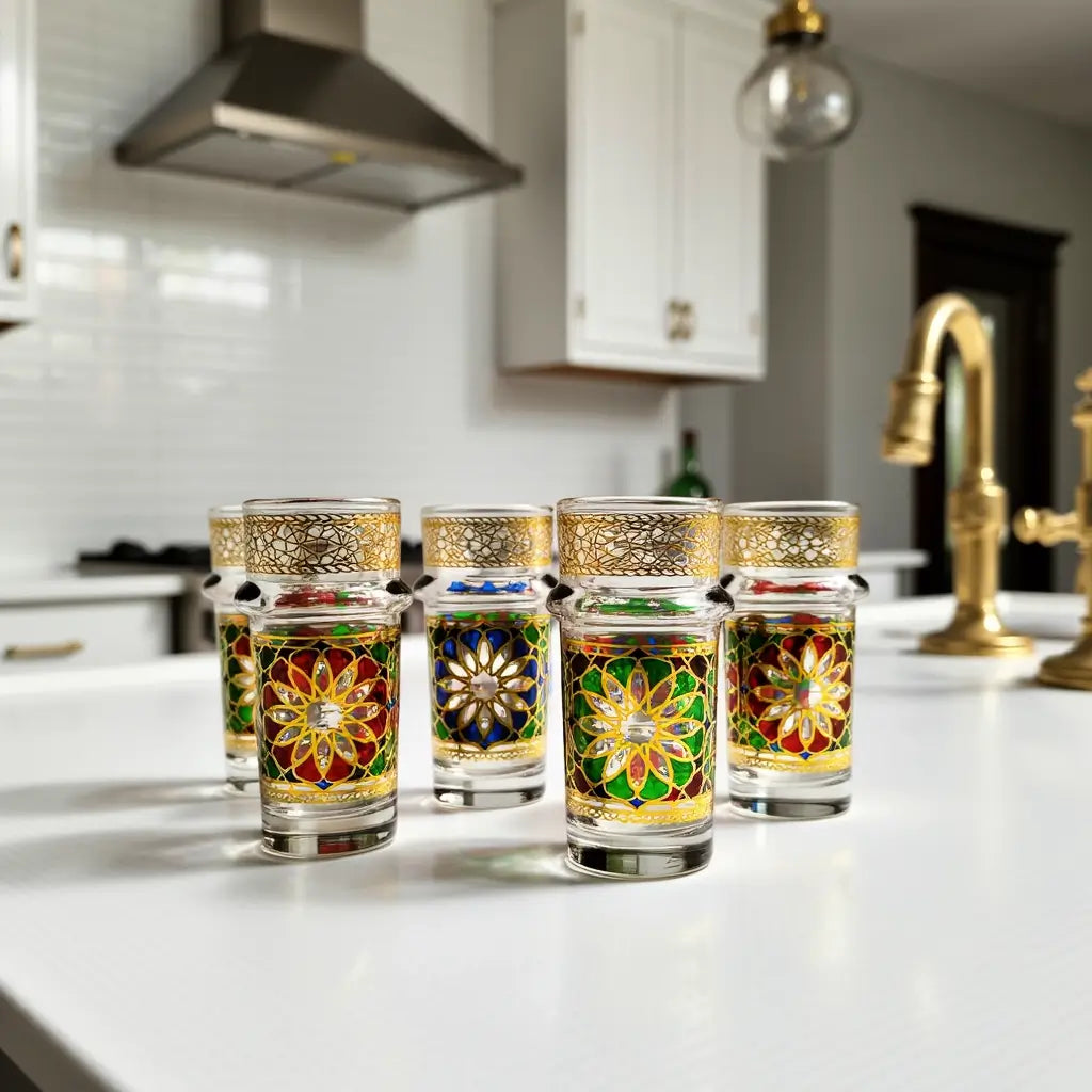 Hand-Painted Oriental Design Tea Glasses Set of 6 with Gold Lids image 3