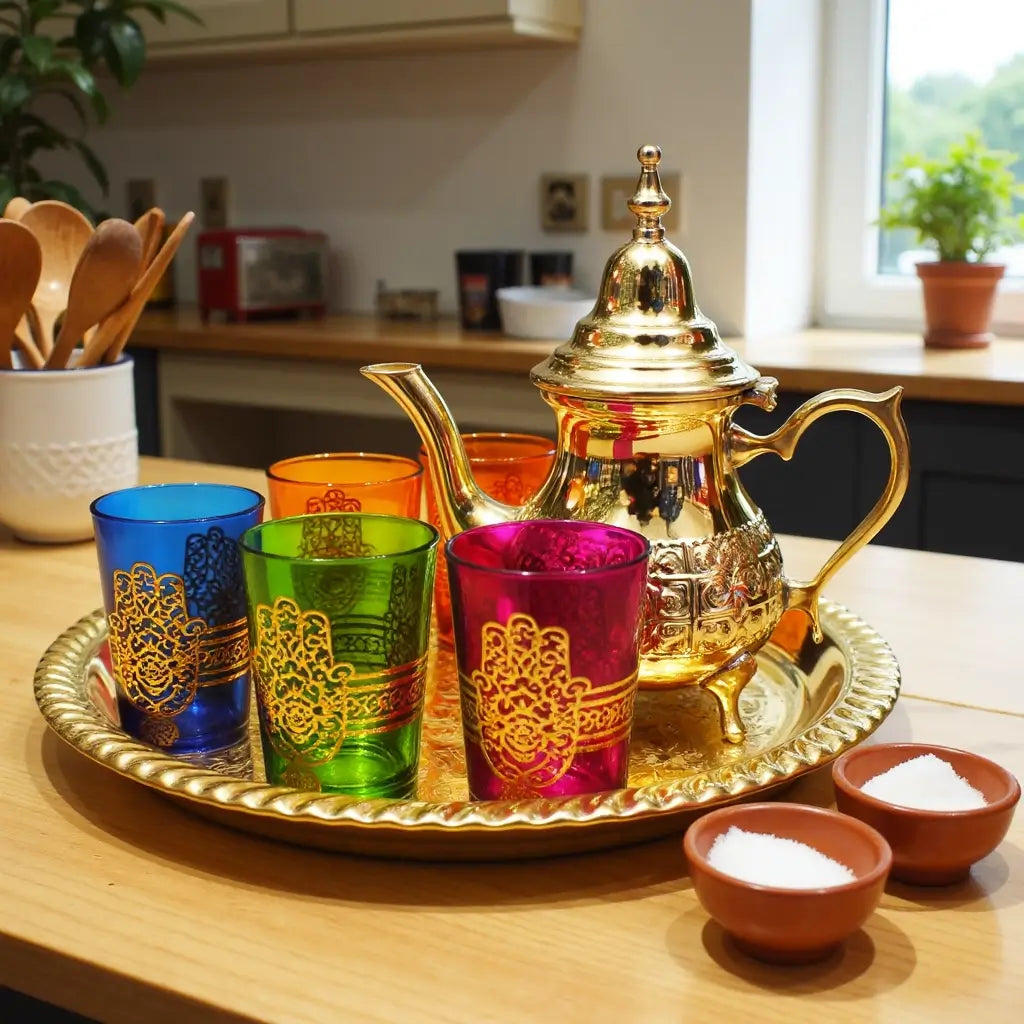 Brass Tea Set – Gold Engraved 8-Piece with Colorful Glasses image 5