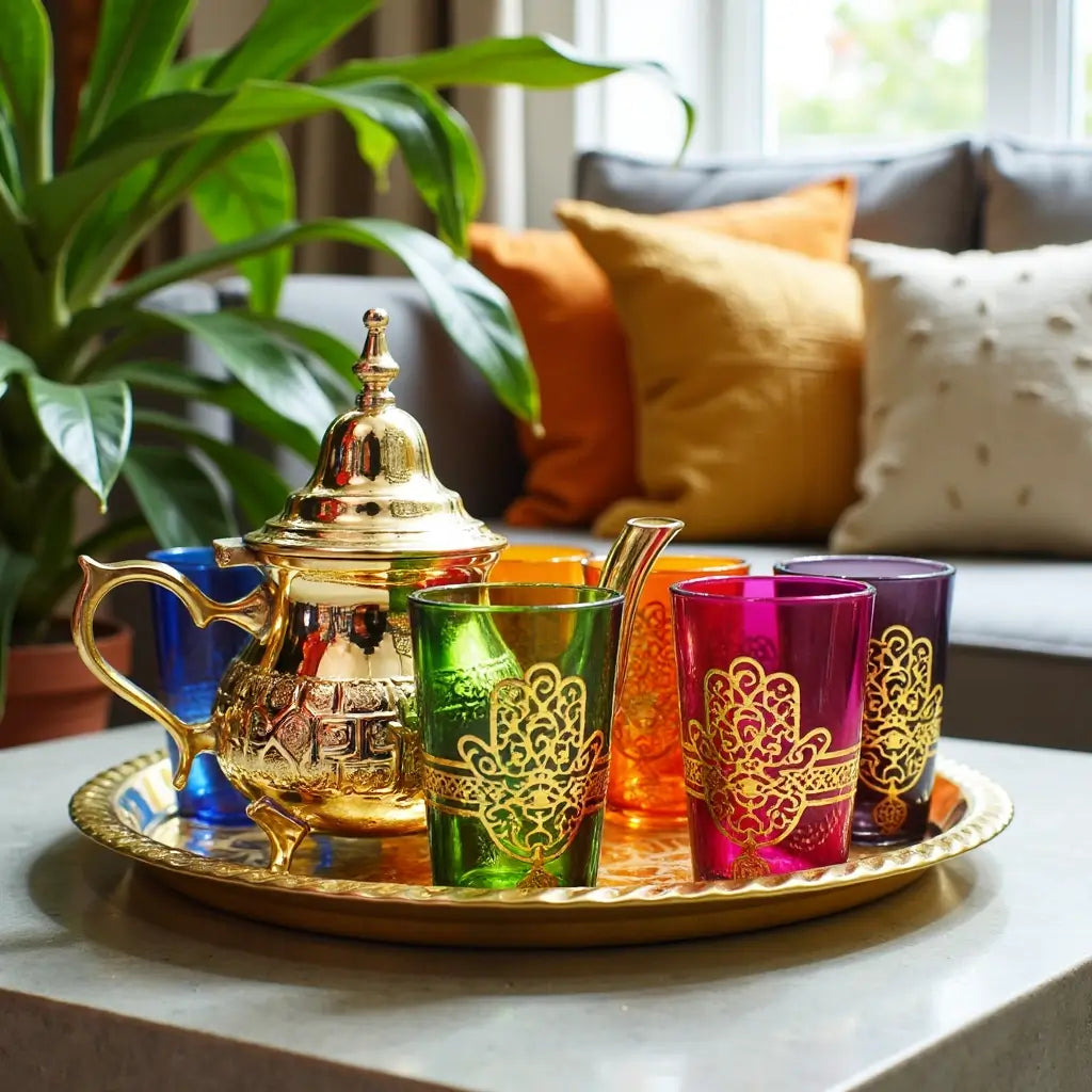 Brass Tea Set – Gold Engraved 8-Piece with Colorful Glasses image 2