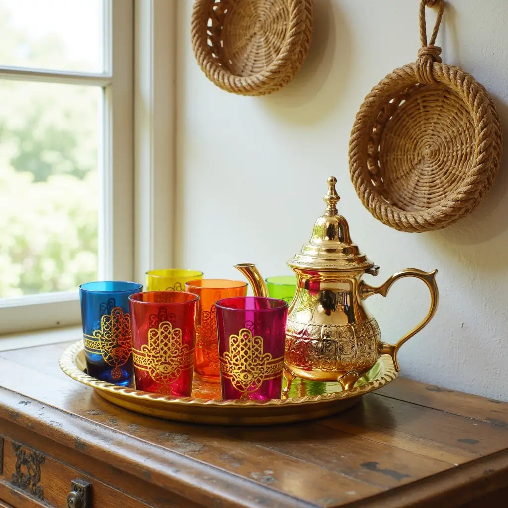 Brass Tea Set – Gold Engraved 8-Piece with Colorful Glasses image 3
