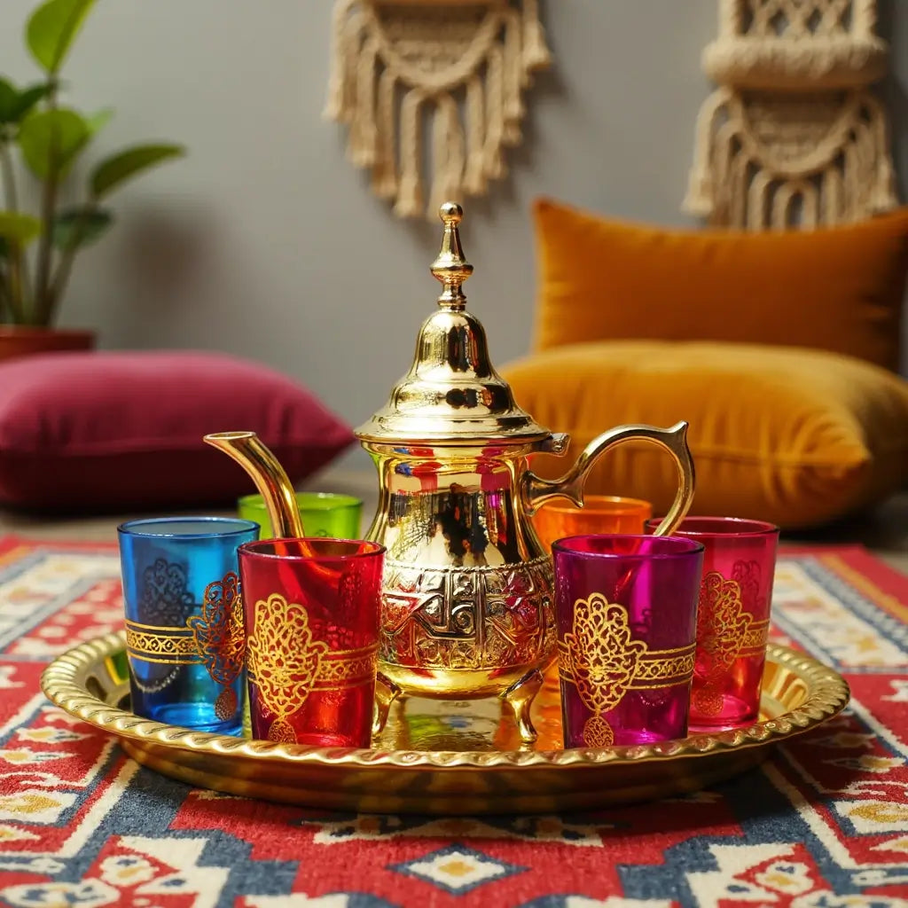 Brass Tea Set – Gold Engraved 8-Piece with Colorful Glasses image 4