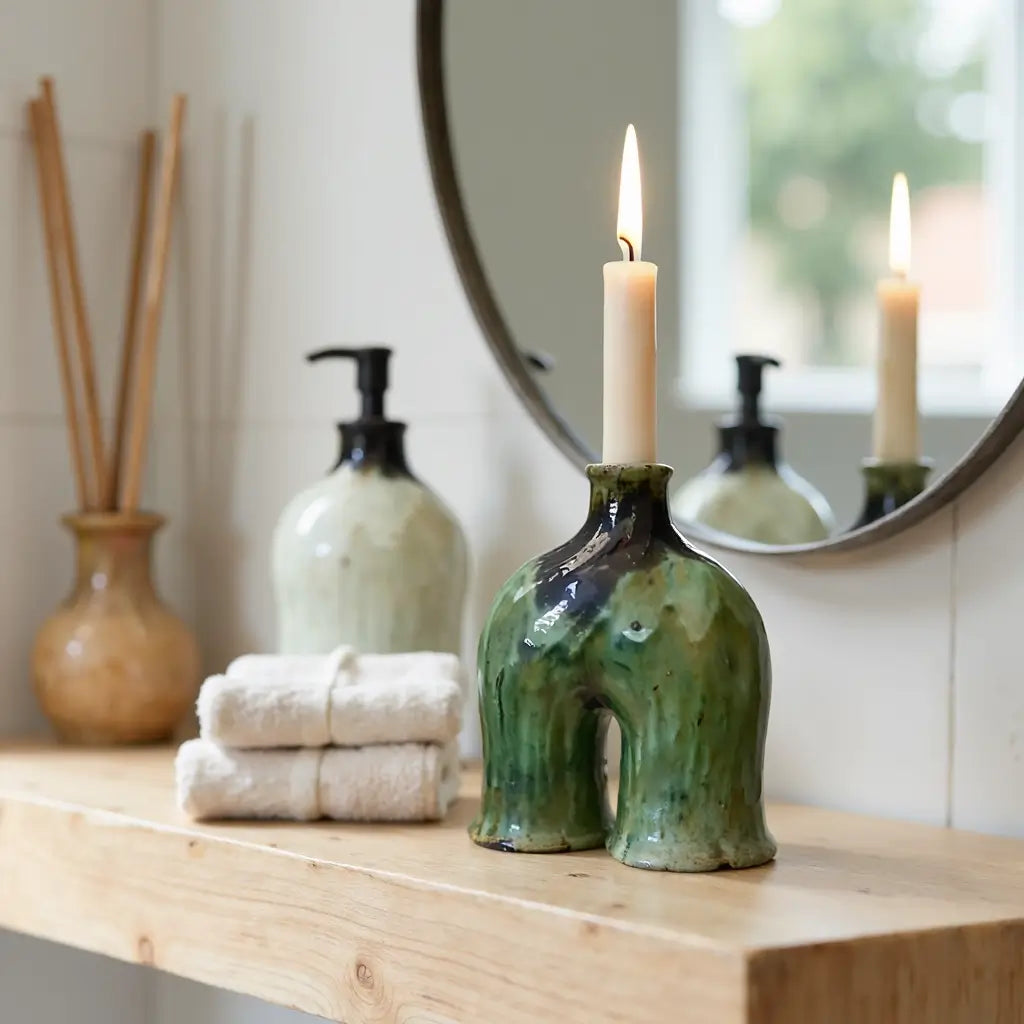 Handcrafted Green Tamegroute Ceramic Arch Candleholder – Artisanal Candle Holder image 3