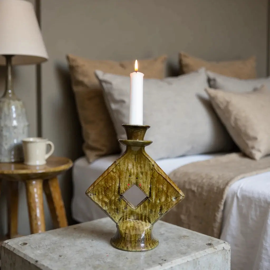 Tamegroute Green Ceramic Candle Holder 35cm – Diamond Cutout Design image 5