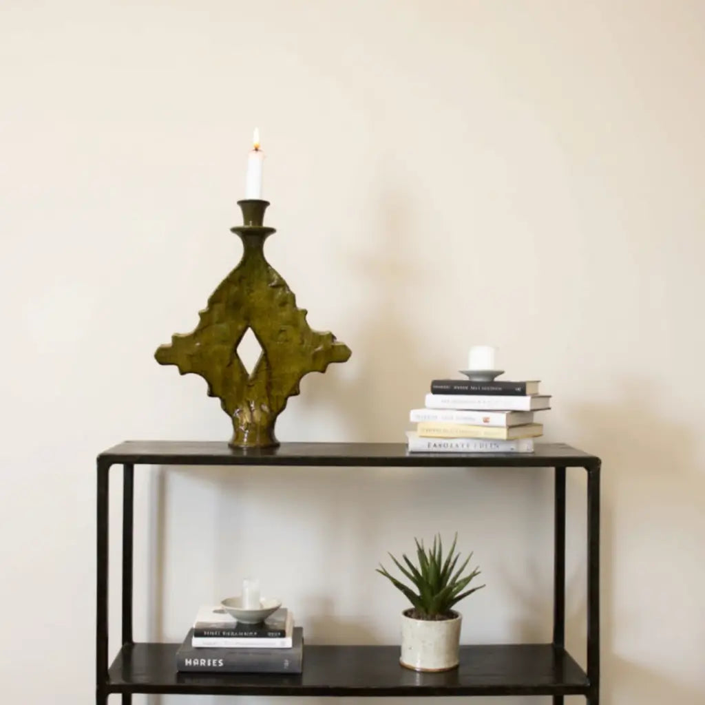 Handmade Tamegroute Diamond Ceramic Candle Holder – Ochre Art Piece 15″ image 4