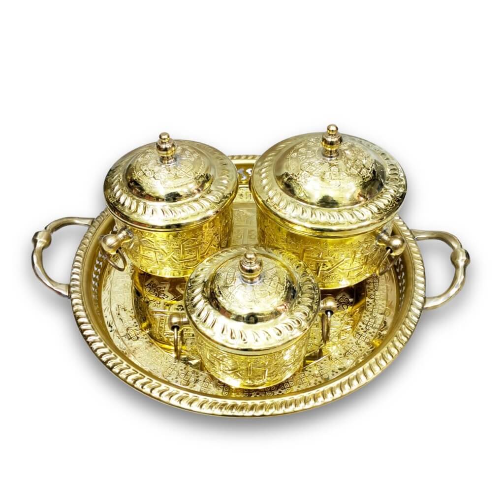 Hand-Engraved Brass Sugar Bowl Set – 4-Piece Collection with Serving Tray image 4