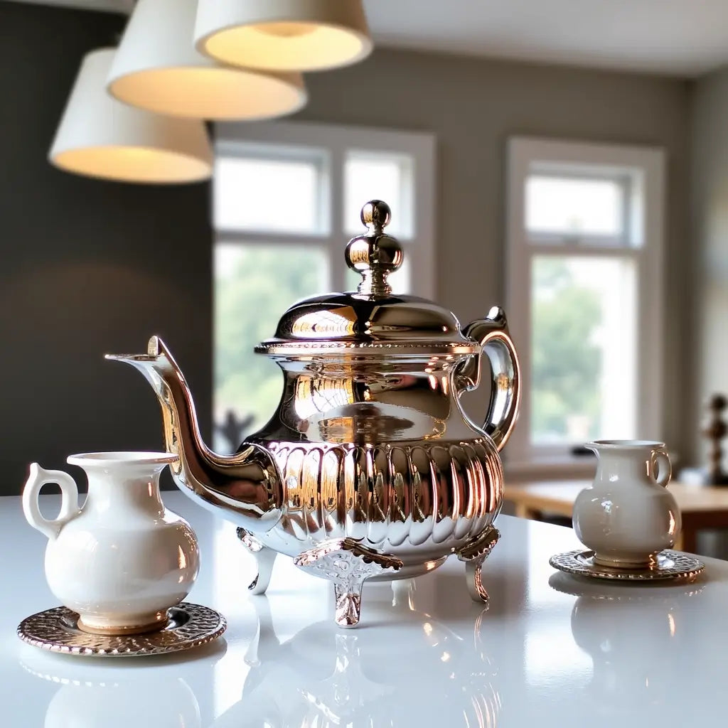 Handcrafted Ribbed Silver Teapot – Ornate Feet Design image 8