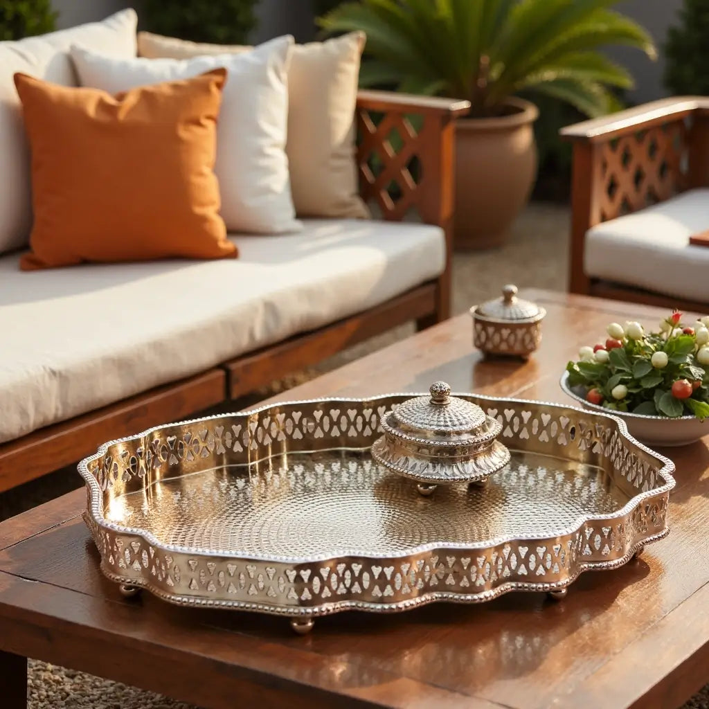 Hand-Hammered Oval Silver Serving Tray with Ornate Filigree Border image 8