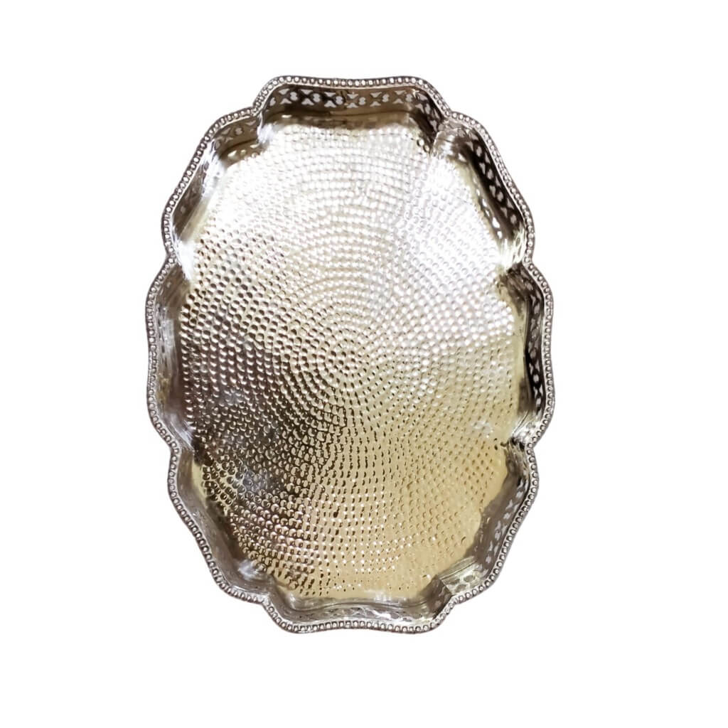 Hand-Hammered Oval Silver Serving Tray with Ornate Filigree Border image 12