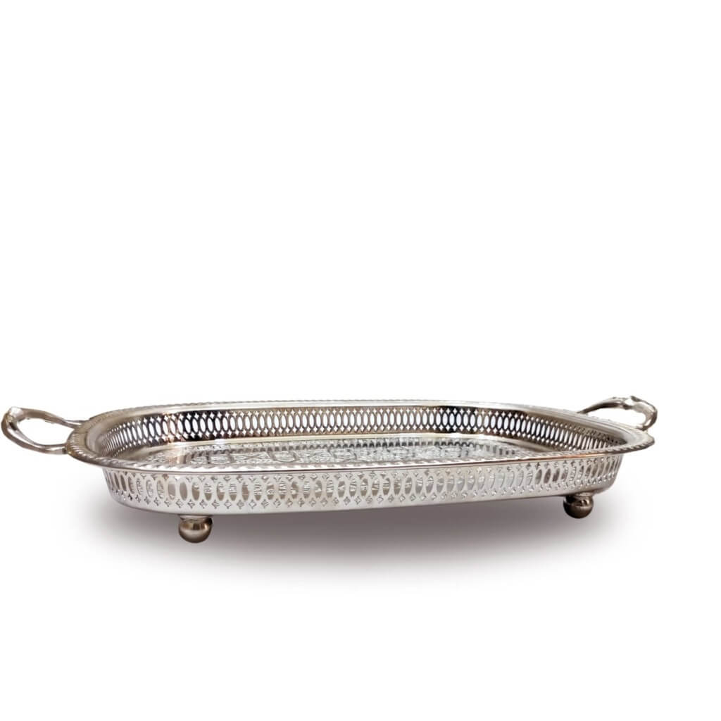 Hand-Engraved Oval Silver Serving Tray with Decorative Handles and Feet image 9