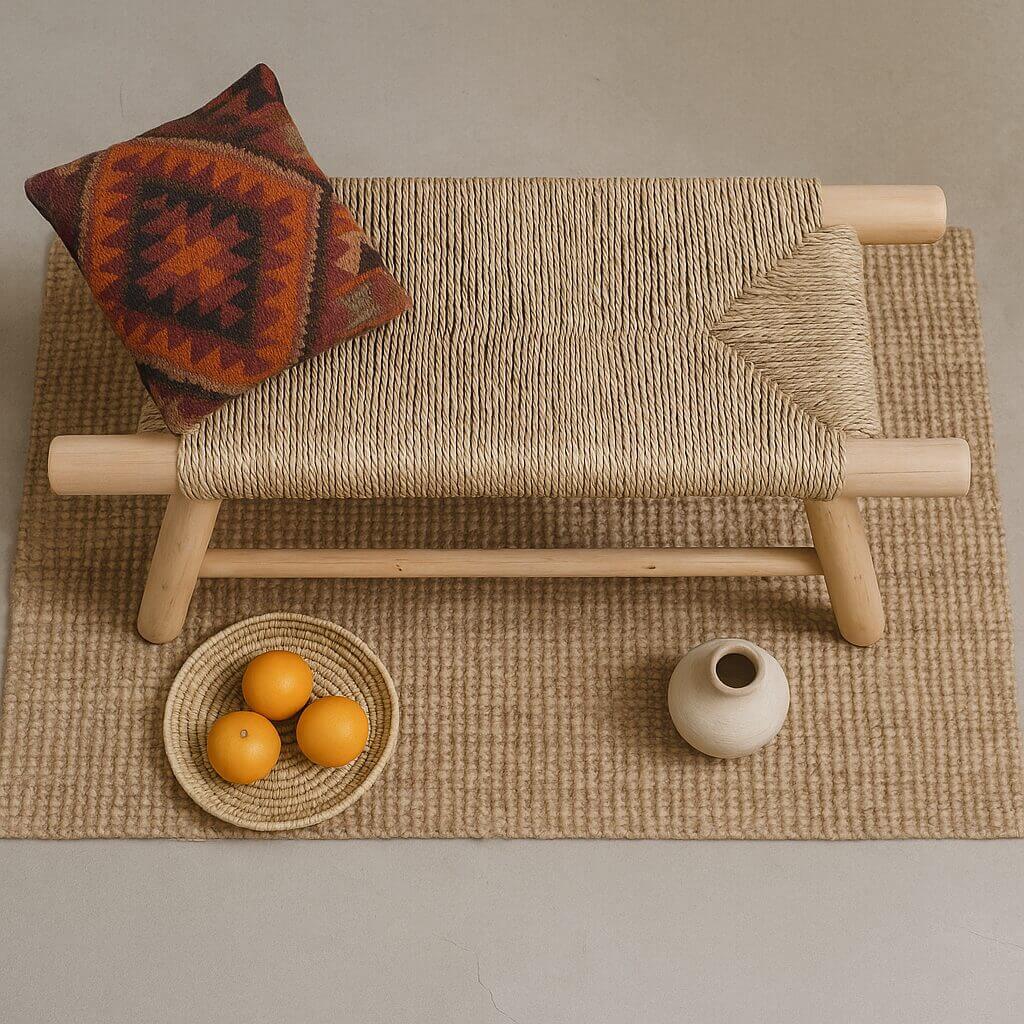 Handwoven Moroccan Straw Bench – Eco-Friendly Palm Leaf & Lemon Wood Seating image 3