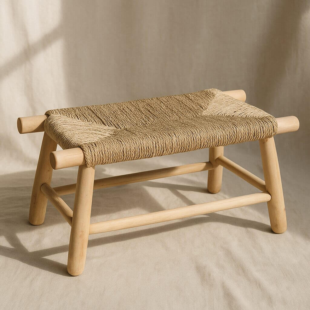 Handwoven Moroccan Straw Bench – Eco-Friendly Palm Leaf & Lemon Wood Seating image