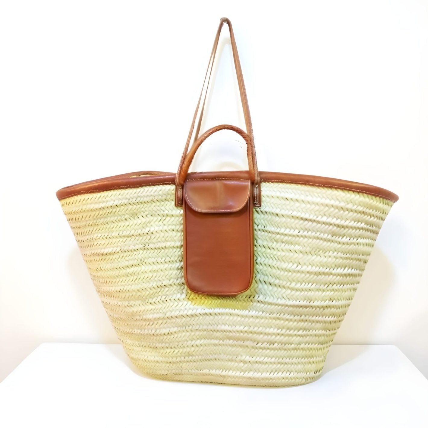 Natural Straw Beach Bag – Handwoven Tote with Leather Pocket & Straps image