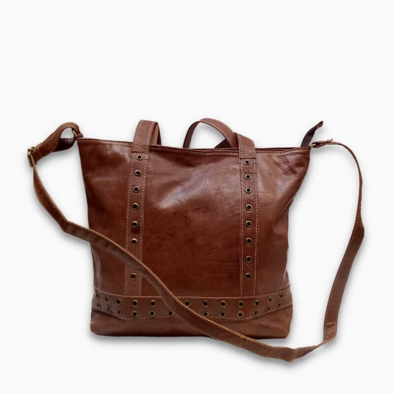 Artisanal Tan Leather Shopper Bag with Studded Rivet Detail image 10