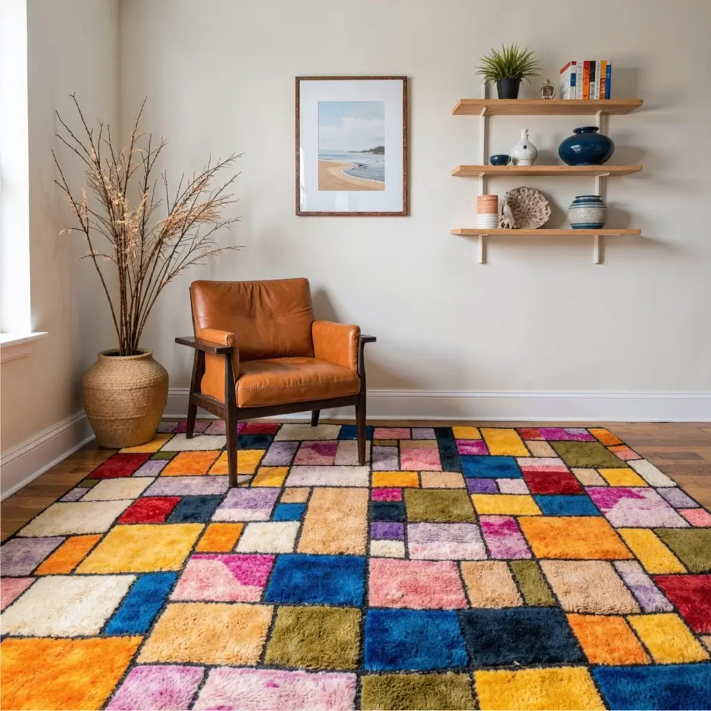 Patchwork Color Block Rug – Handwoven Rainbow Wool Design image 7