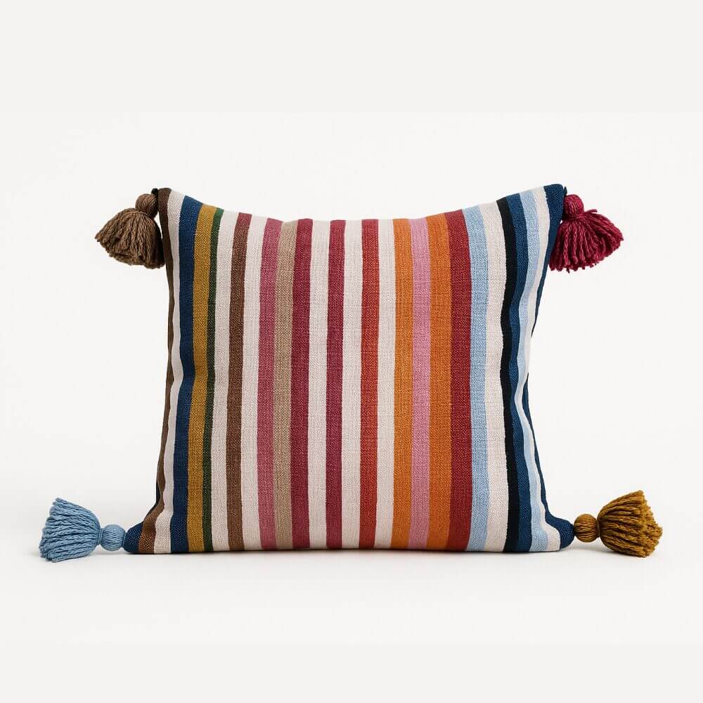 Vibrant Striped Cotton Cushion Covers with Corner Tassels – Set of 2 image