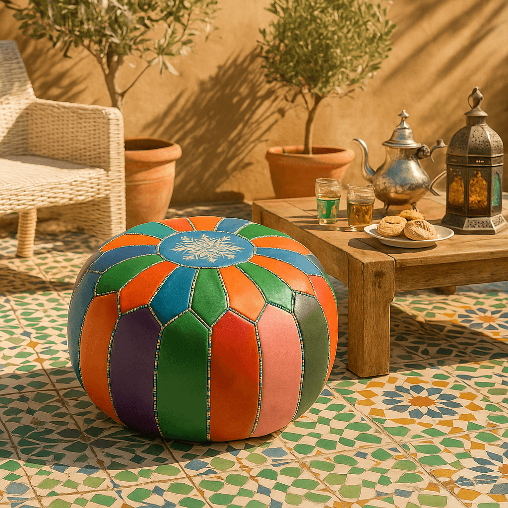 Rainbow Patchwork Leather Floor Ottoman 21″ – Snowflake Round Pouf image 3