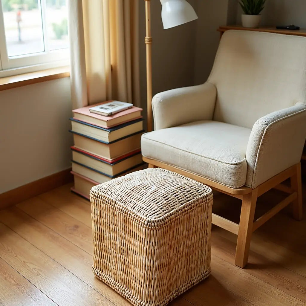 Handwoven Square Straw Ottoman Pouf – Natural Fiber Indoor/Outdoor Footstool image 8