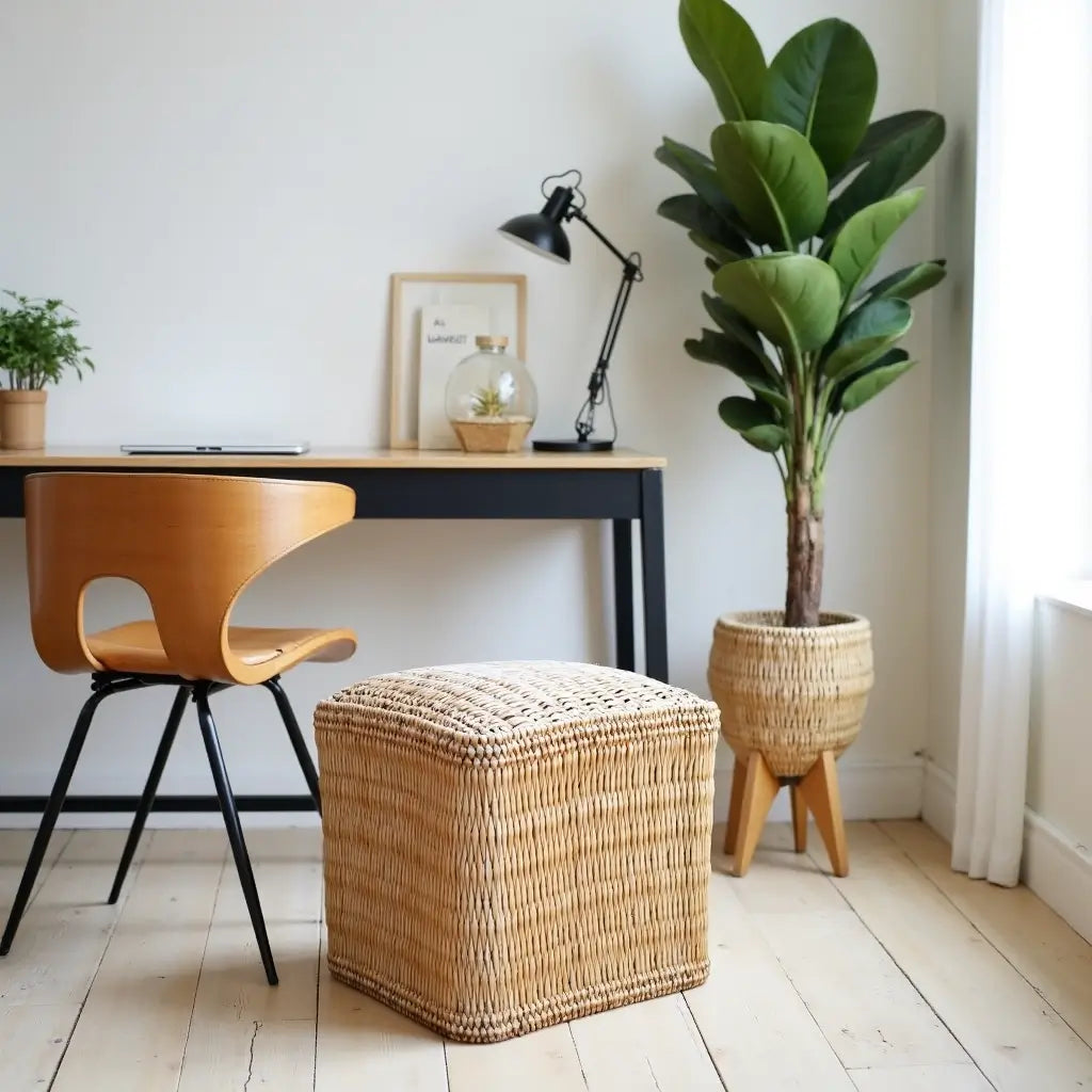 Handwoven Square Straw Ottoman Pouf – Natural Fiber Indoor/Outdoor Footstool image 9