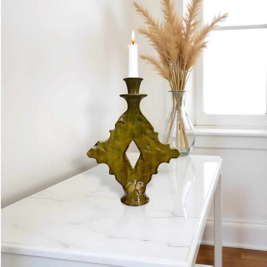 Handmade Tamegroute Diamond Ceramic Candle Holder – Ochre Art Piece 15″ image 5
