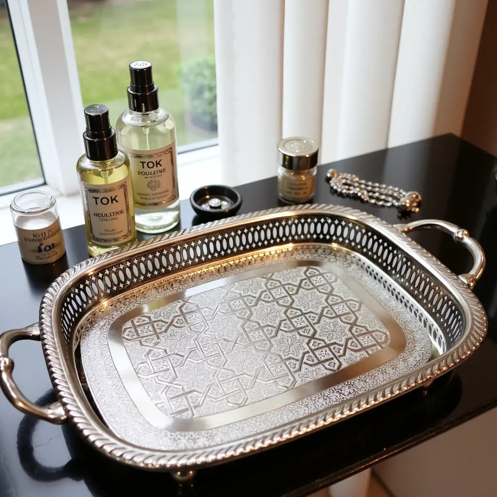 Hand-Engraved Oval Silver Serving Tray with Decorative Handles and Feet image 6