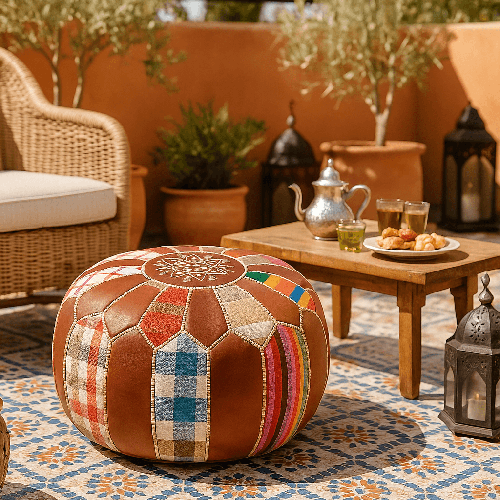 Handcrafted Leather Round Ottoman 21″ – Patchwork Floor Pouf image 5