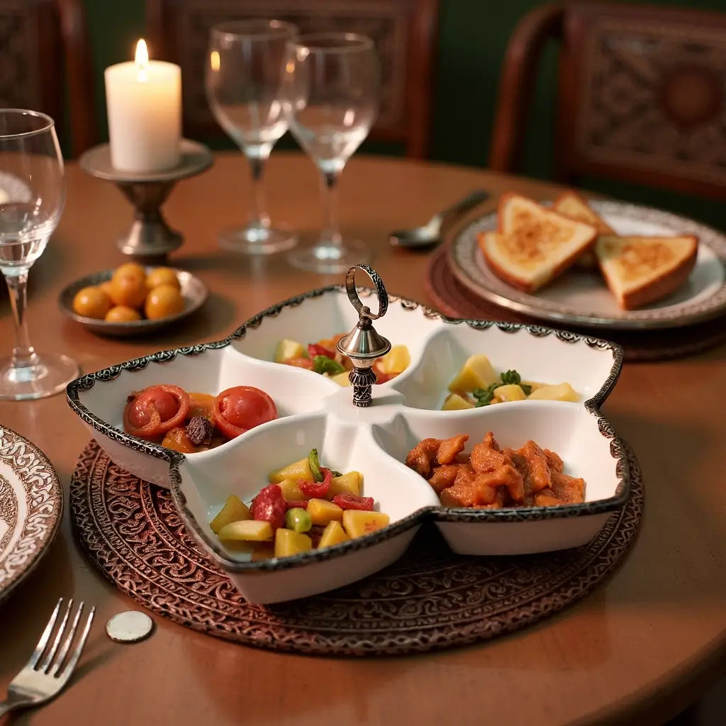 White Ceramic Divided Plate with Silver Accents – 5-Compartment Serving Dish image 4