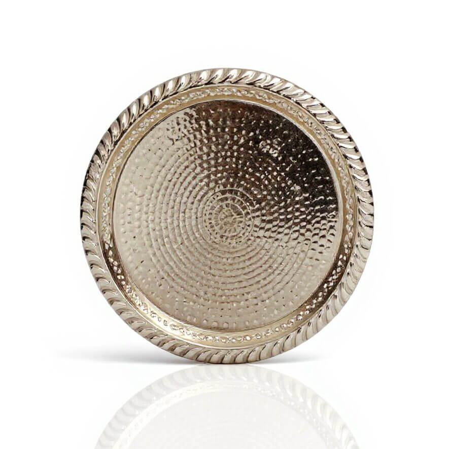 Hand Hammered Circle Tray with Feet – Traditional Silver-Plated Brass image