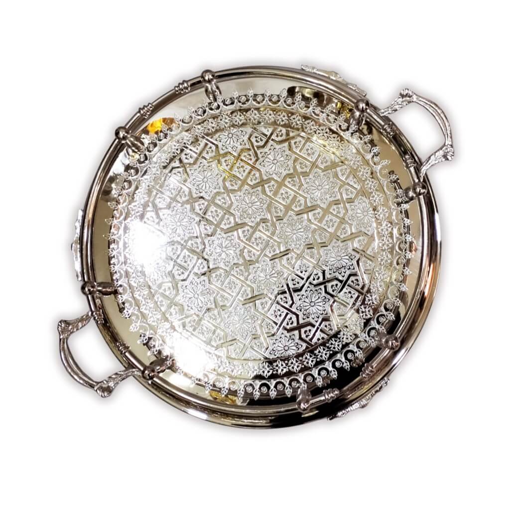 Hand-Engraved Silver Large Round Tray – Decorative Handles & Feet image 9