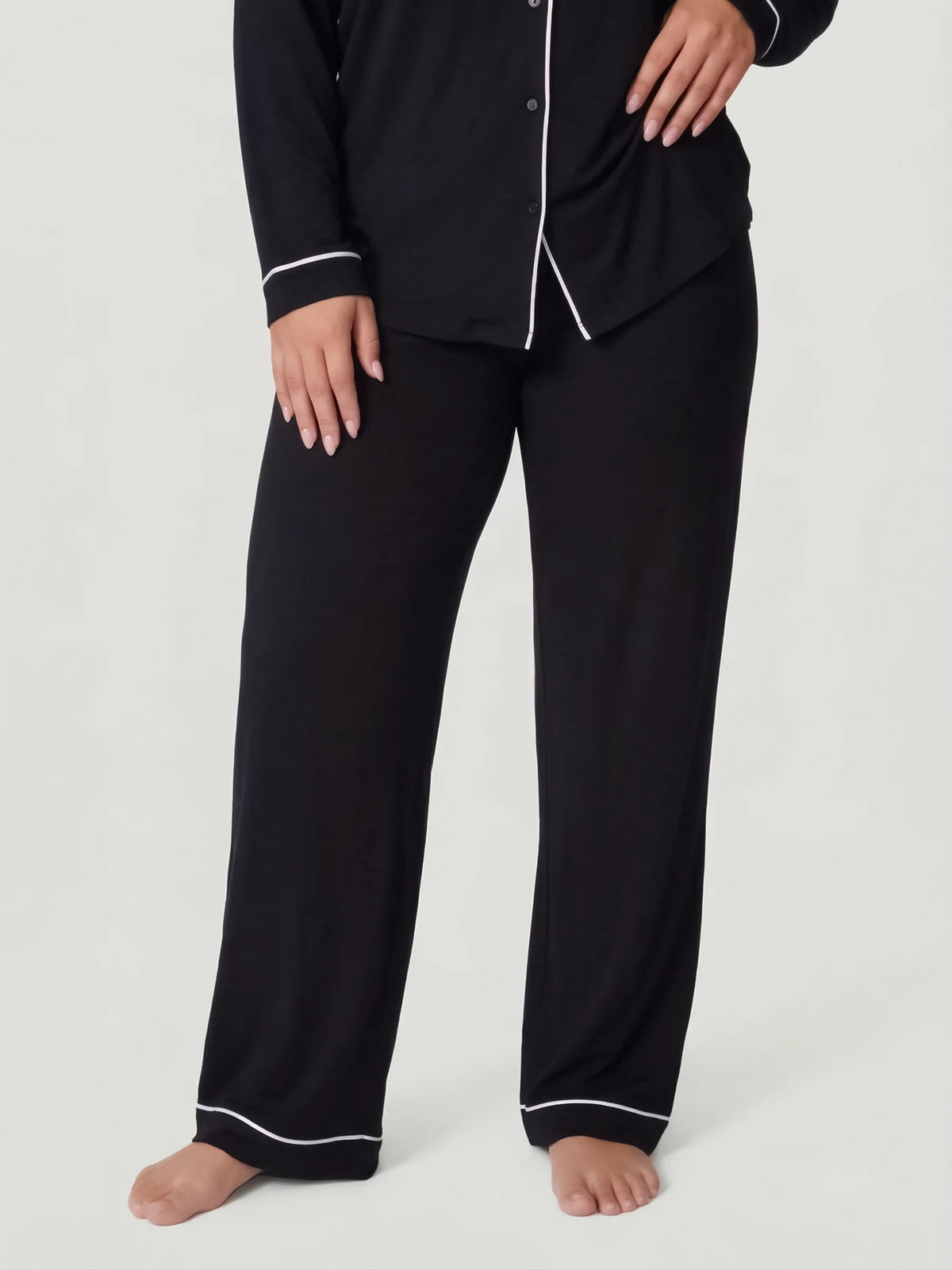 Black Oversized Jersey Piping Detail Long PJ Set