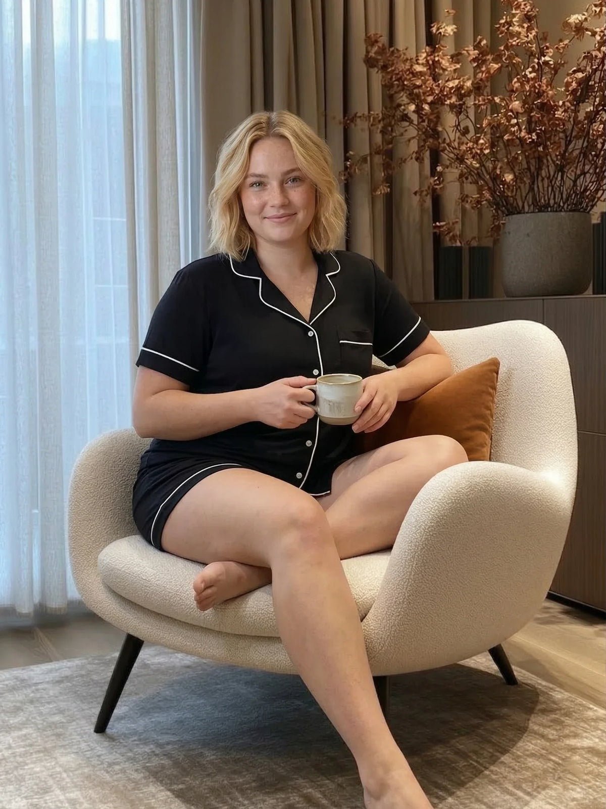 Black Oversized Jersey Piping Detail Short PJ Set