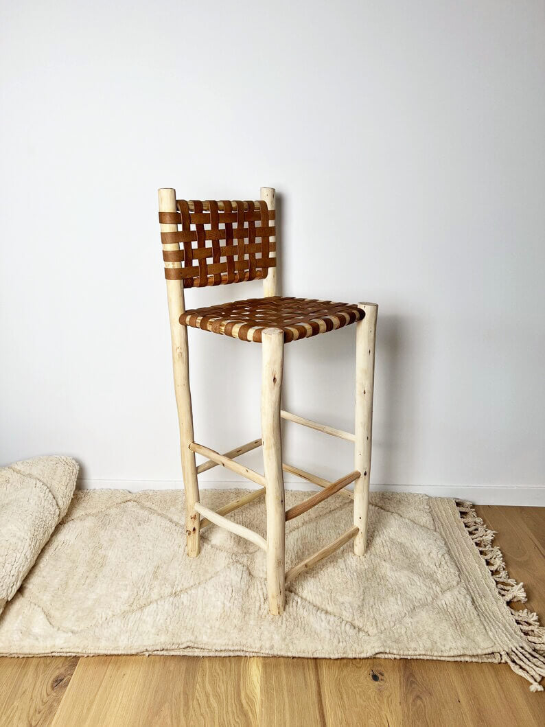 Handwoven Leather Bar Stool – Moroccan Cowhide Counter Chair image 3