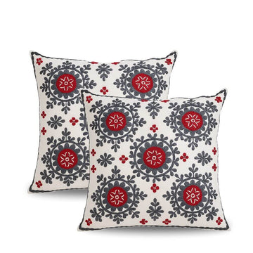 Silk-Embroidered Cotton Pillow Covers 18×18 – Red & Gray Floral Set of 2 image