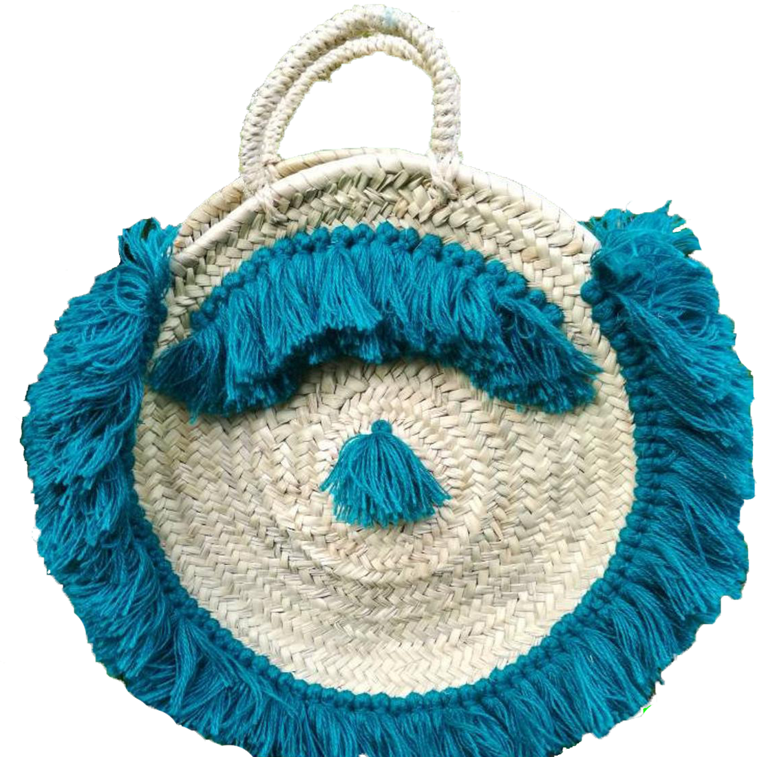 Moroccan Round Wicker Tote Bag with Green Fringes