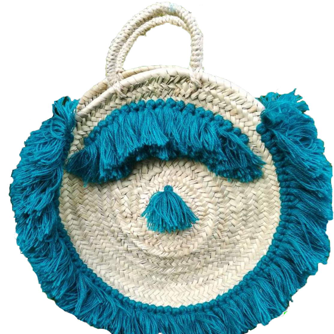 Moroccan Round Wicker Tote Bag with Green Fringes